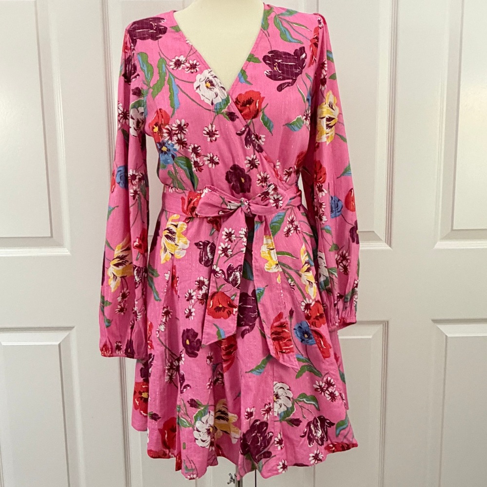 Draper James Jordan Pink Lurex Floral Long Sleeve Wrap Dress Womens 6 NWT